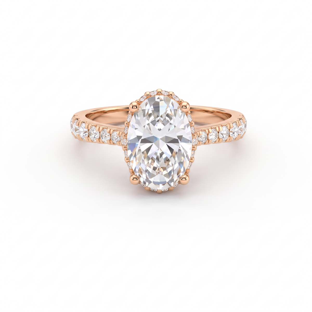1.5ct oval Lab-Grown Diamond engagement ring in 14K rose gold with hidden halo and pavé band, top view