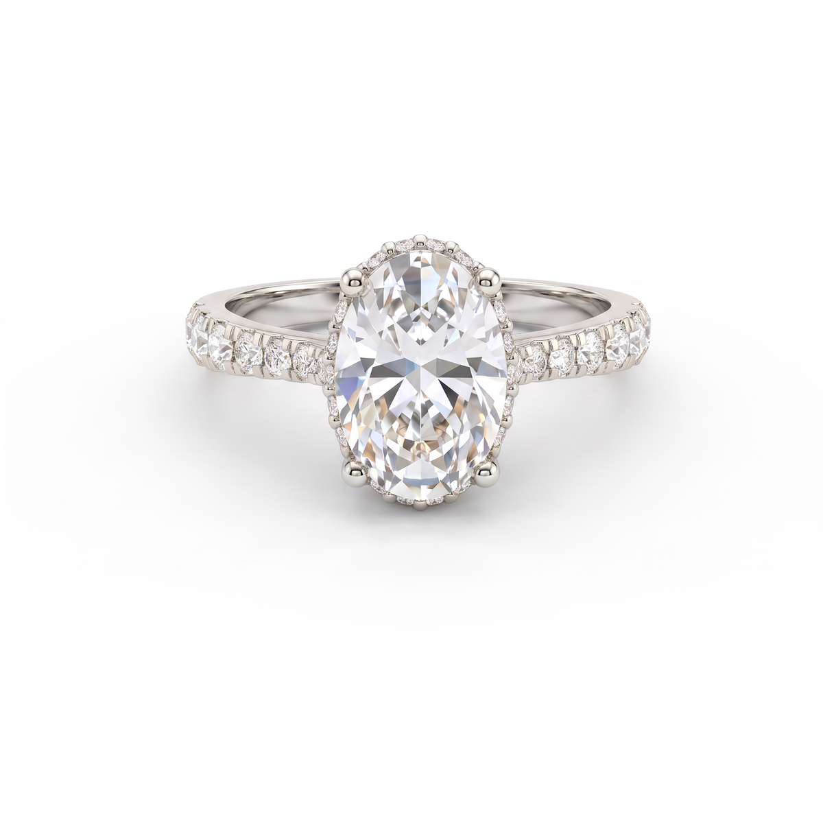 1.5ct oval Lab-Grown Diamond engagement ring in 14K white gold with hidden halo and pavé band, top view