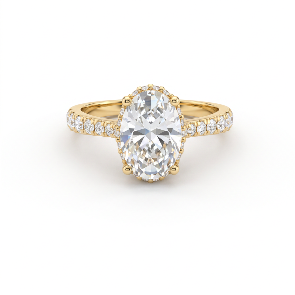 1.5ct oval Lab-Grown Diamond engagement ring in 14K yellow gold with hidden halo and pavé band, top view