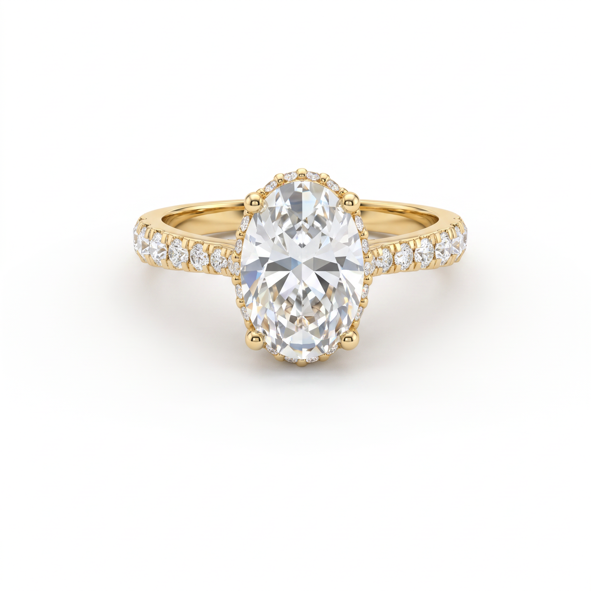 1.5ct oval Lab-Grown Diamond engagement ring in 14K yellow gold with hidden halo and pavé band, top view