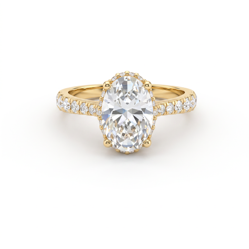 1.5ct oval Lab-Grown Diamond engagement ring in 14K yellow gold with hidden halo and pavé band, top view