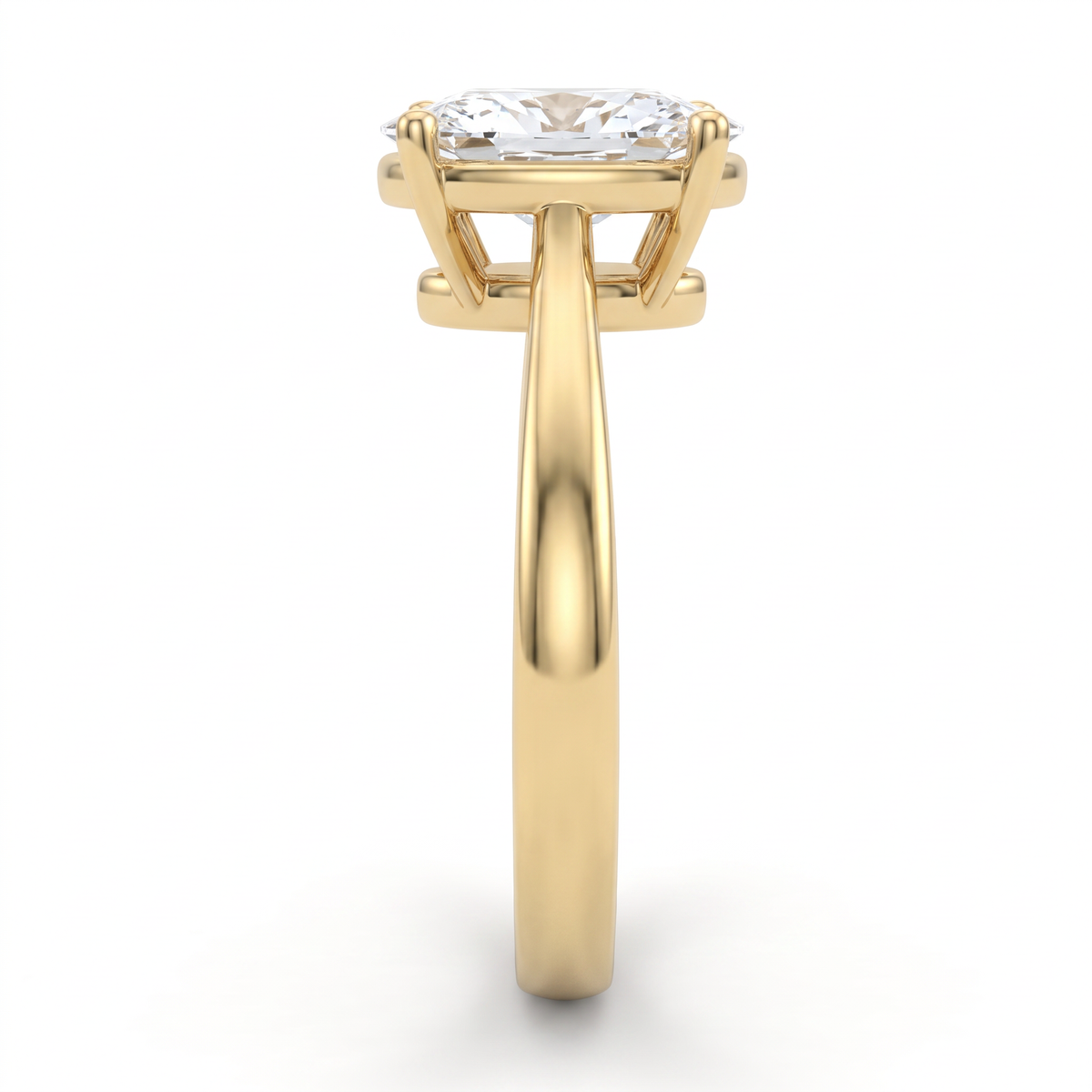 1.5ct oval solitaire in 14K yellow gold viewed along the 2.5mm shank, basket and gallery visible from the side