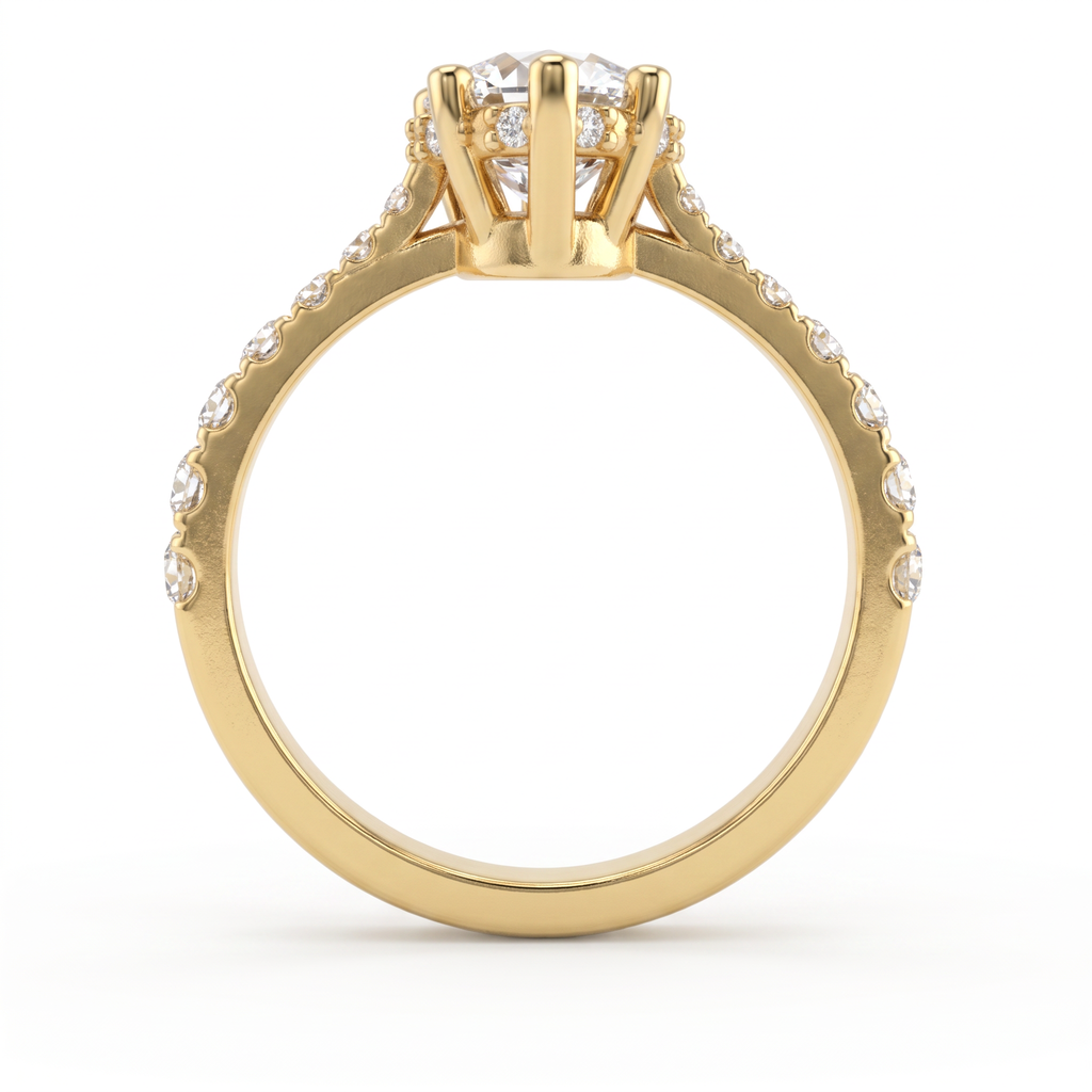 Profile view of a 14K yellow gold 1.5ct Pear Cut Lab-Grown Diamond engagement ring showing the hidden halo and pavé band