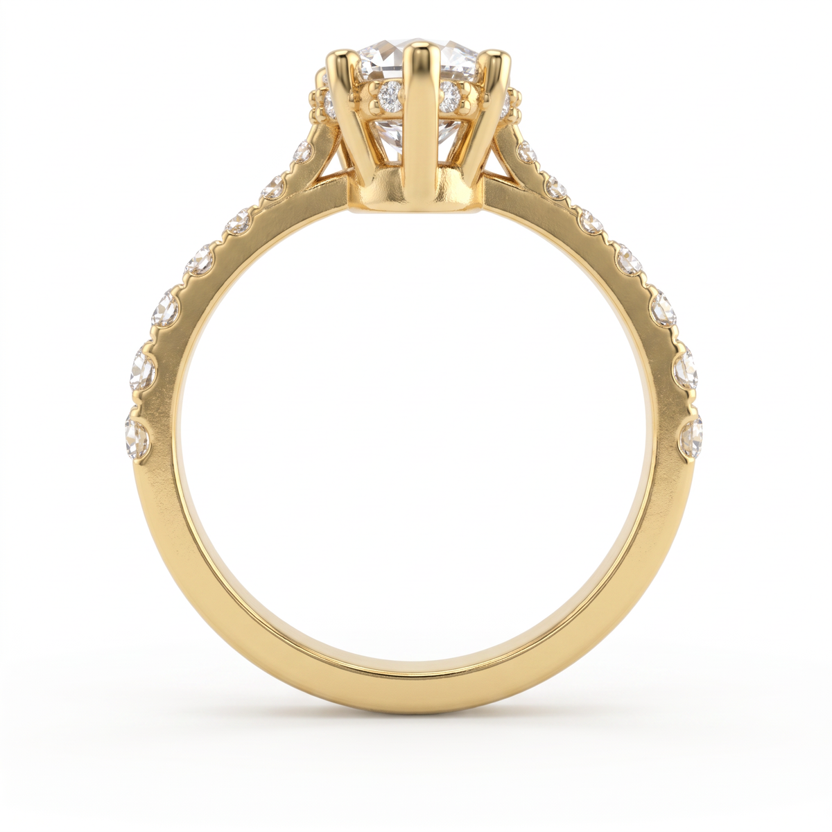 Profile view of a 14K yellow gold 1.5ct Pear Cut Lab-Grown Diamond engagement ring showing the hidden halo and pavé band