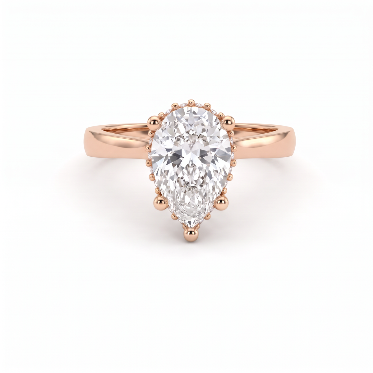 1.5ct pear cut Lab-Grown Diamond hidden halo engagement ring in 14K rose gold, front view