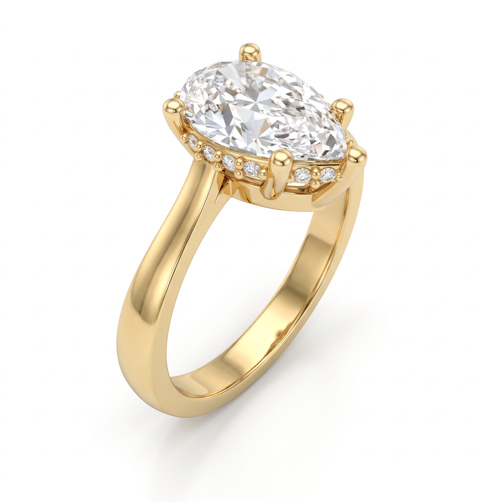 Angled view of a 1.5 carat pear cut Lab-Grown Diamond engagement ring in 14K yellow gold