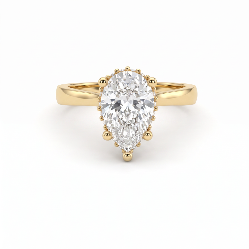 1.5ct pear cut Lab-Grown Diamond hidden halo engagement ring in 14K yellow gold, front view