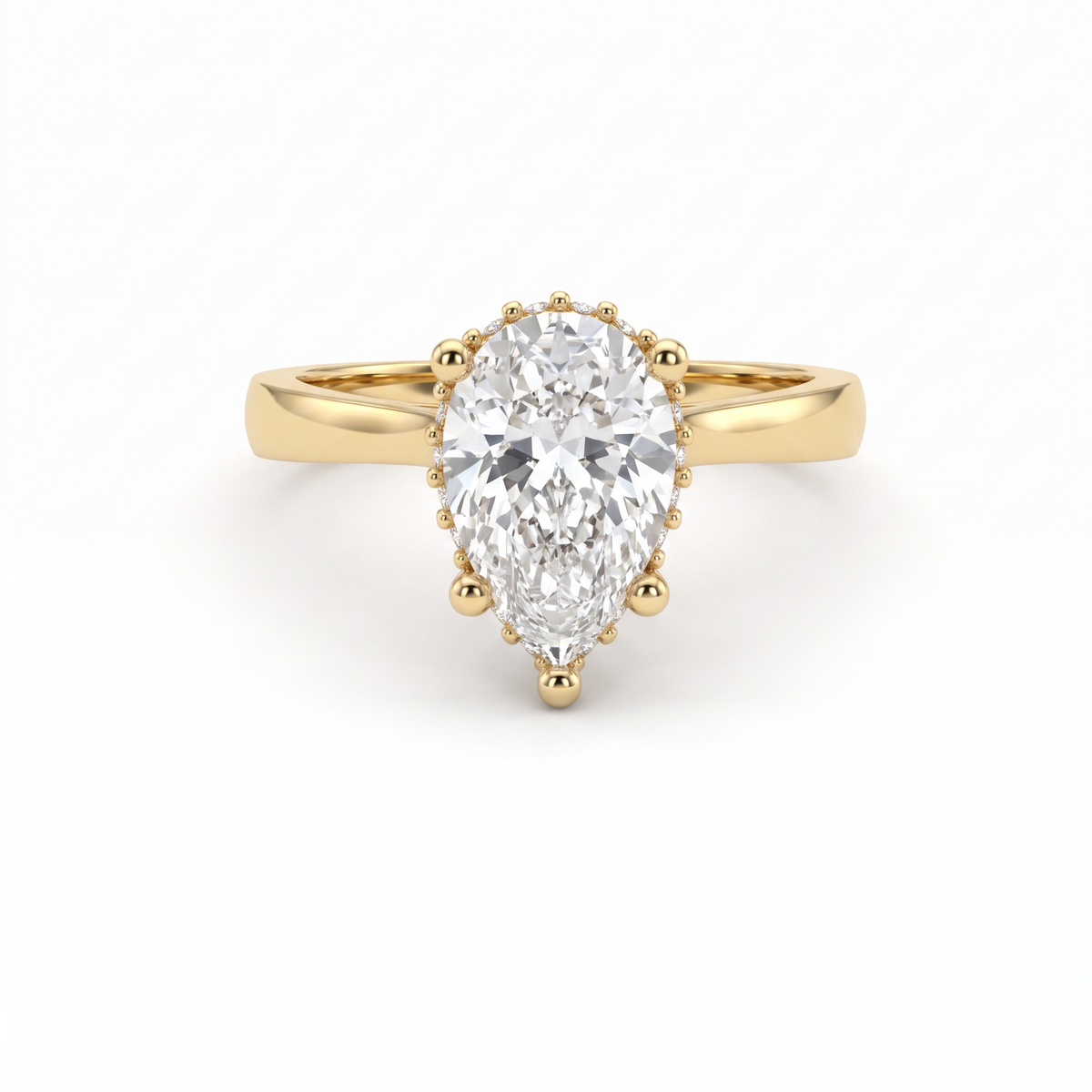 1.5ct pear cut Lab-Grown Diamond hidden halo engagement ring in 14K yellow gold, front view