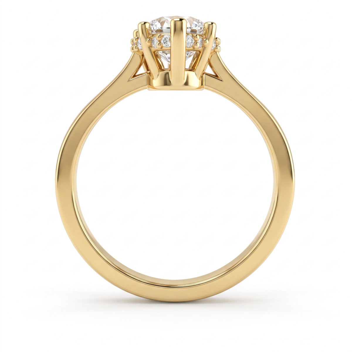 Profile of a 1.5ct pear cut hidden halo engagement ring in 14K yellow gold, five-prong setting