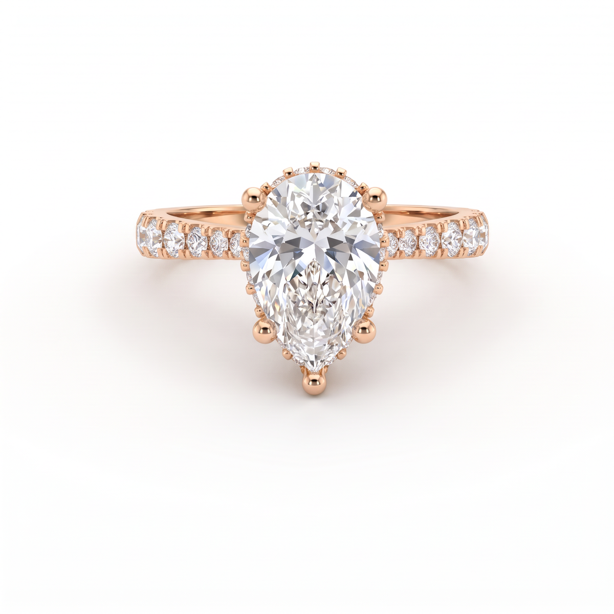 1.5ct Pear Cut Lab-Grown Diamond engagement ring in 14K rose gold with hidden halo and pavé band, front view