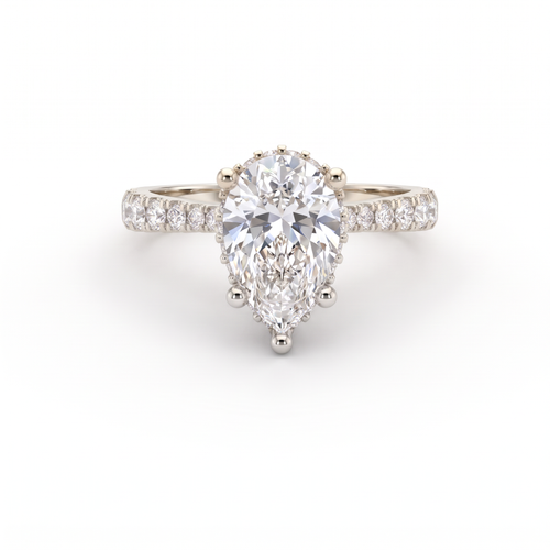 1.5ct Pear Cut Lab-Grown Diamond engagement ring in 14K white gold with hidden halo and pavé band, front view