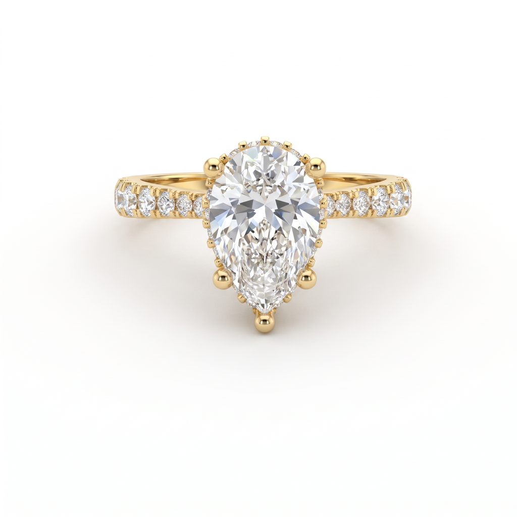 1.5ct Pear Cut Lab-Grown Diamond engagement ring in 14K yellow gold with hidden halo and pavé band, front view