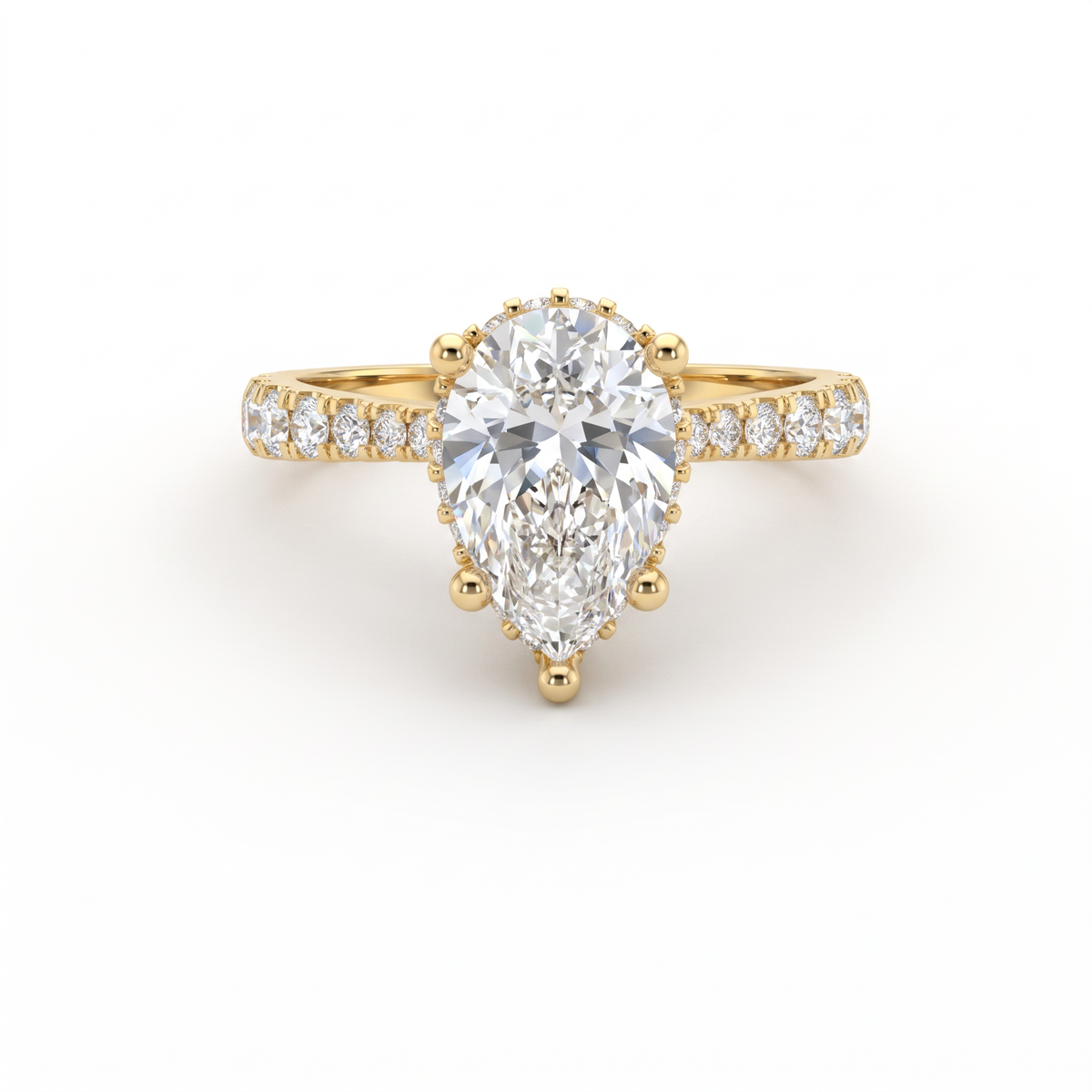 1.5ct Pear Cut Lab-Grown Diamond engagement ring in 14K yellow gold with hidden halo and pavé band, front view