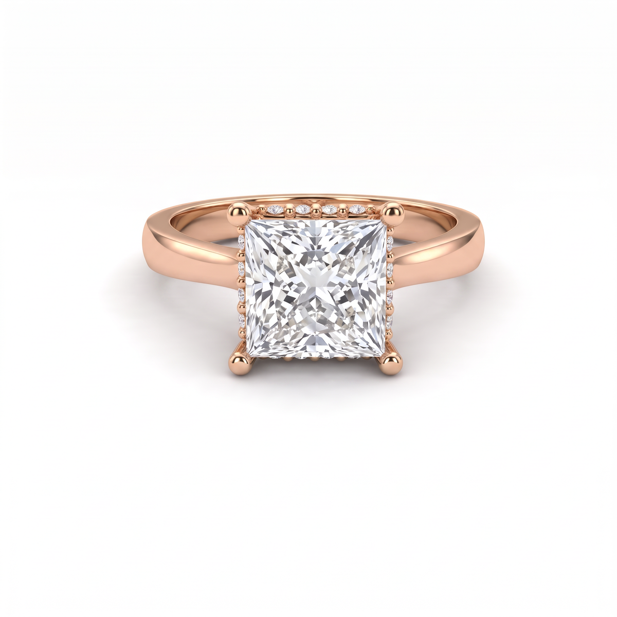 1.5ct princess cut Lab-Grown Diamond hidden halo engagement ring in 14K rose gold, front view