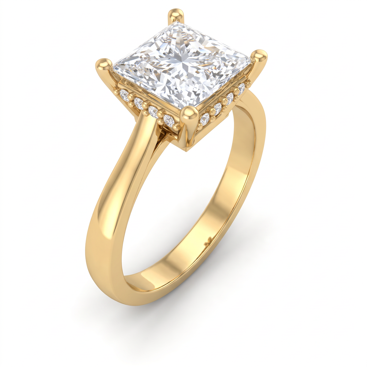Angled view of a 1.5ct princess cut Lab-Grown Diamond hidden halo engagement ring in 14K yellow gold