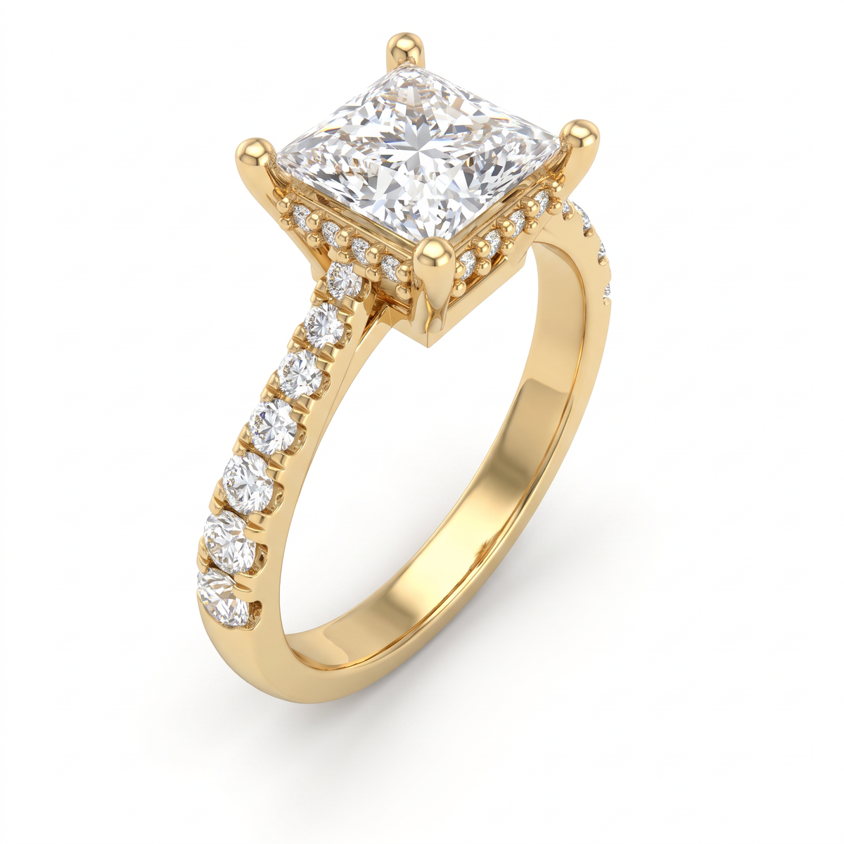 Angled view of a 1.5ct princess cut Lab-Grown Diamond solitaire in 14K yellow gold with four-prong setting and pavé shank