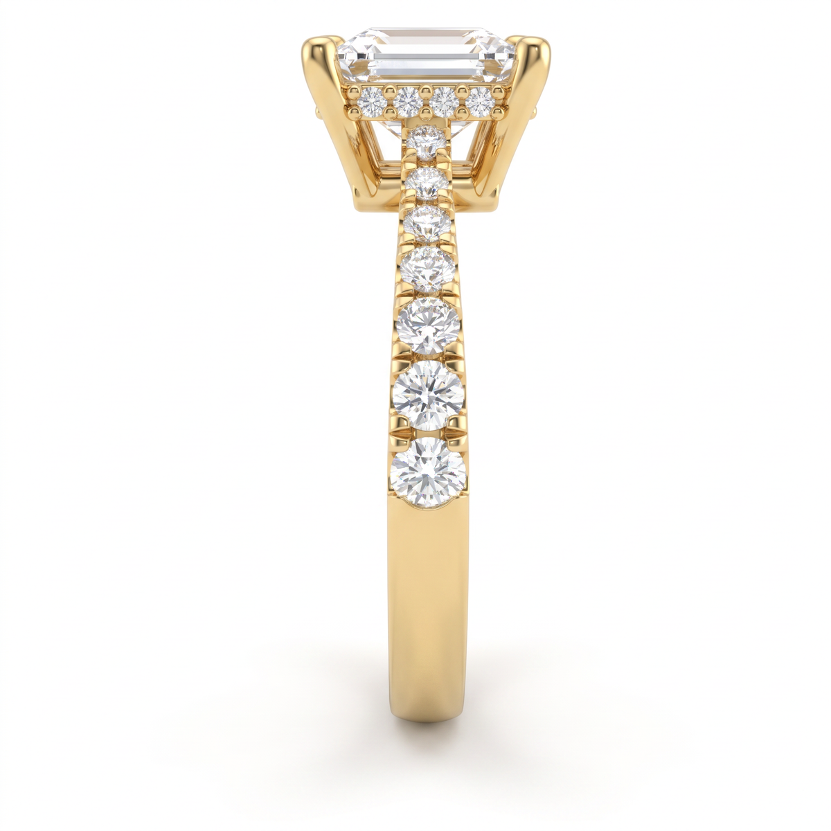 Side view of a 1.5ct princess engagement ring in 14K yellow gold with graduated pavé Lab-Grown Diamond band and hidden halo basket