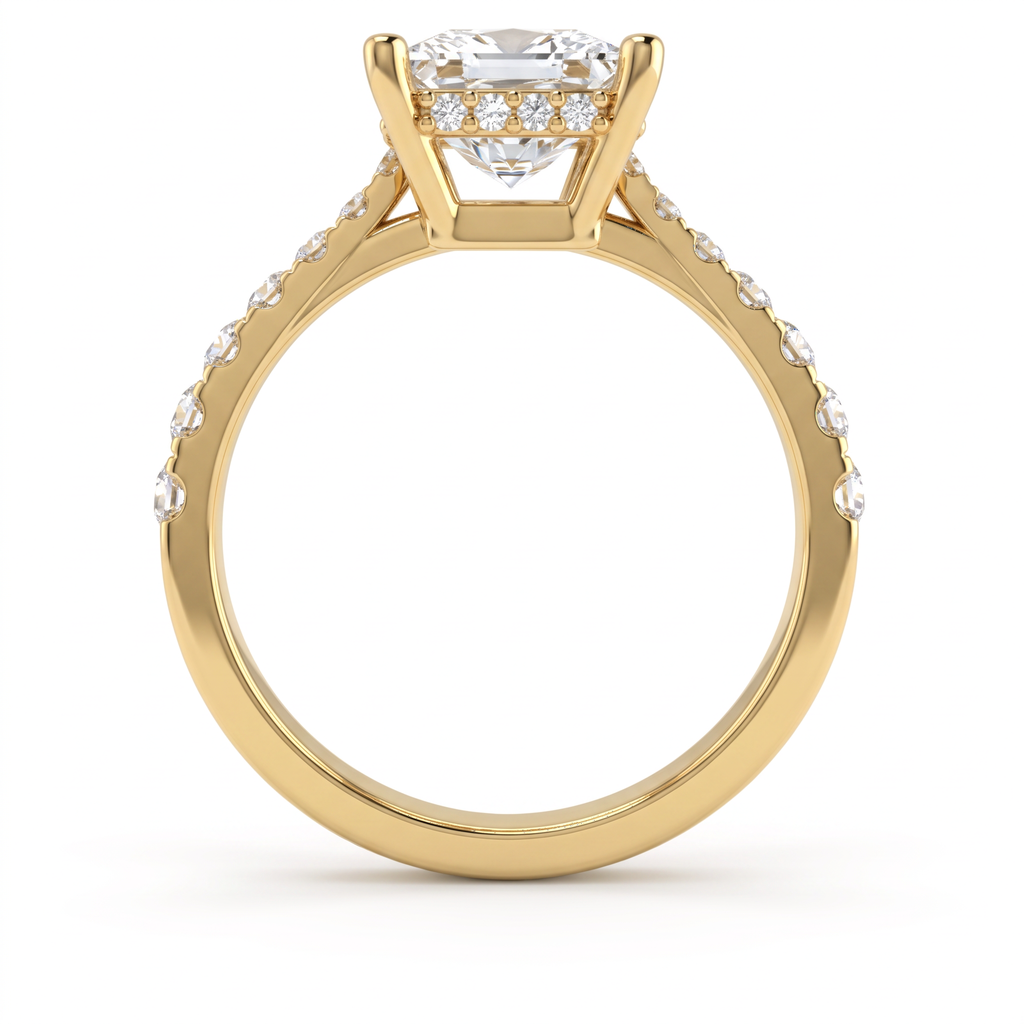 Profile view of a 1.5ct princess engagement ring in 14K gold showing the hidden halo of Lab-Grown Diamonds under the center stone