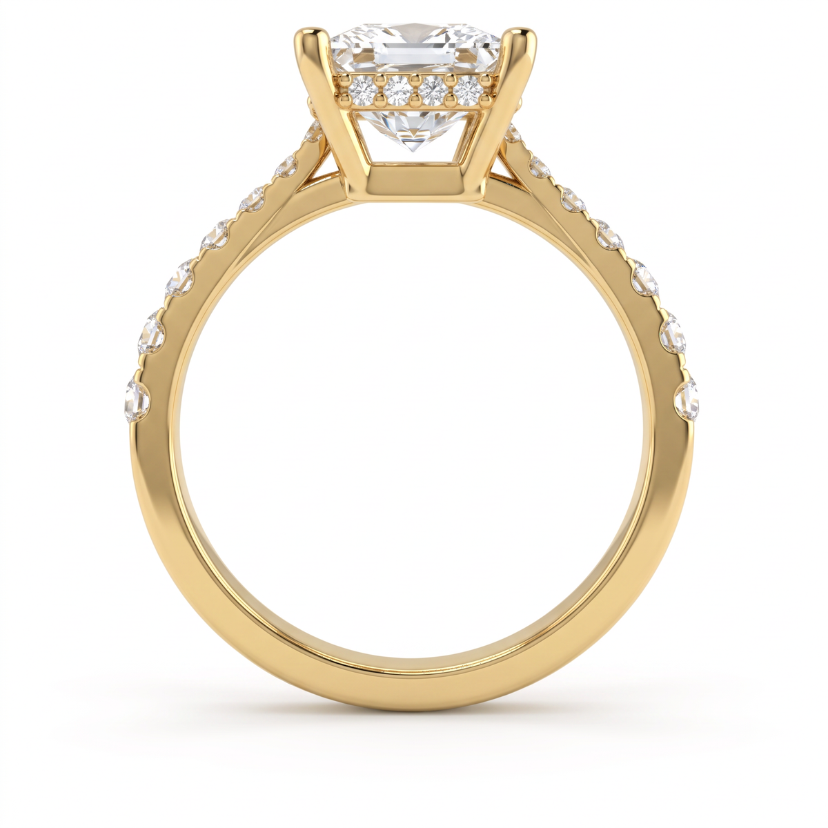 Profile view of a 1.5ct princess engagement ring in 14K gold showing the hidden halo of Lab-Grown Diamonds under the center stone