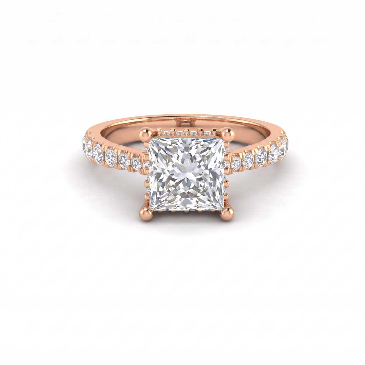 1.5ct princess cut Lab-Grown Diamond engagement ring in 14K rose gold with hidden halo and pavé band, top view