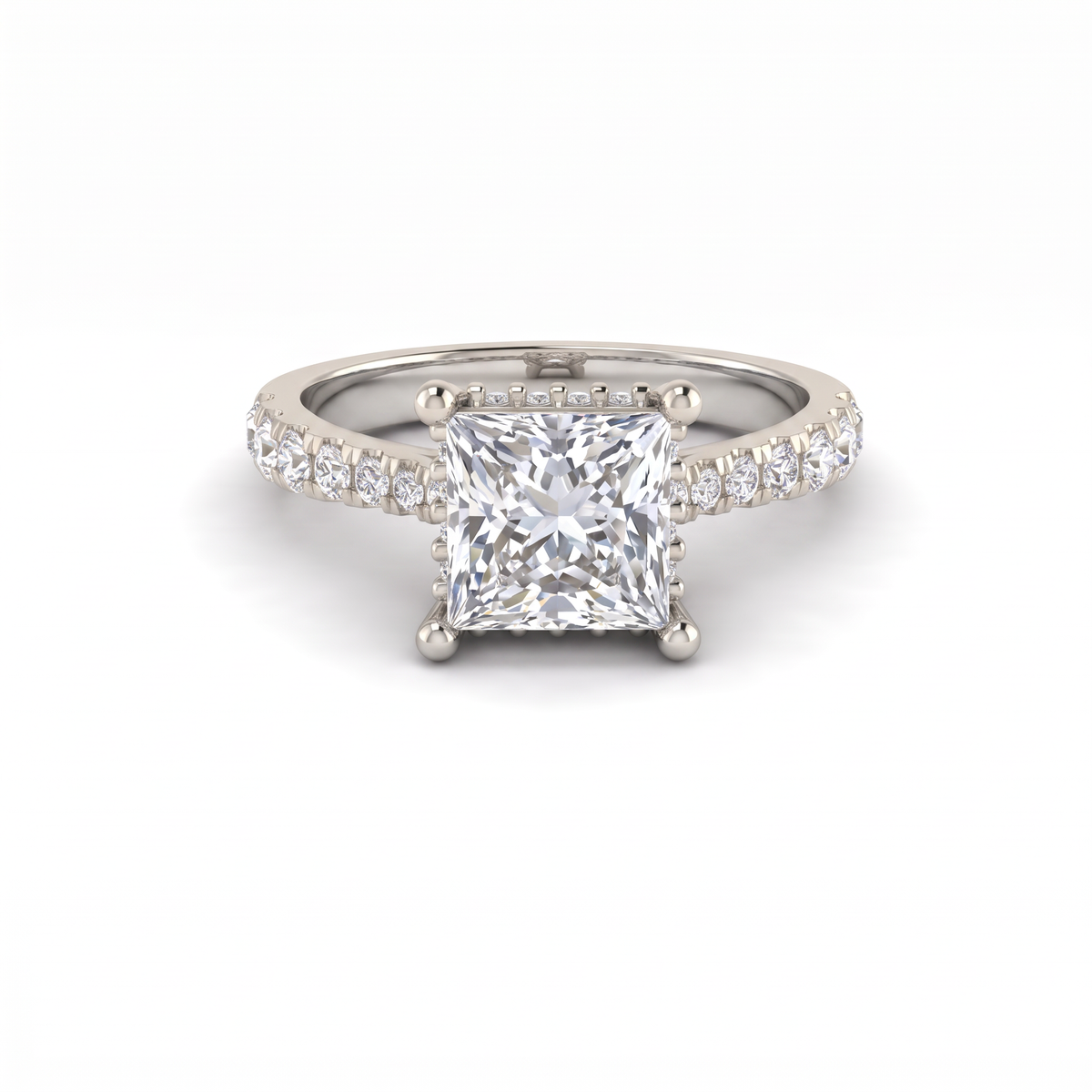 1.5ct princess cut Lab-Grown Diamond engagement ring in 14K white gold with hidden halo and pavé band, top view