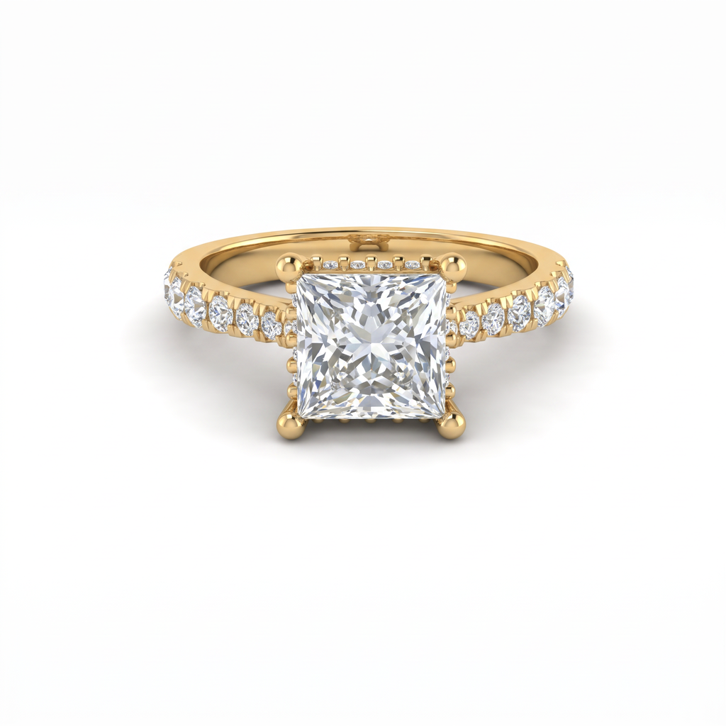 1.5ct princess cut Lab-Grown Diamond engagement ring in 14K yellow gold with hidden halo and pavé band, top view