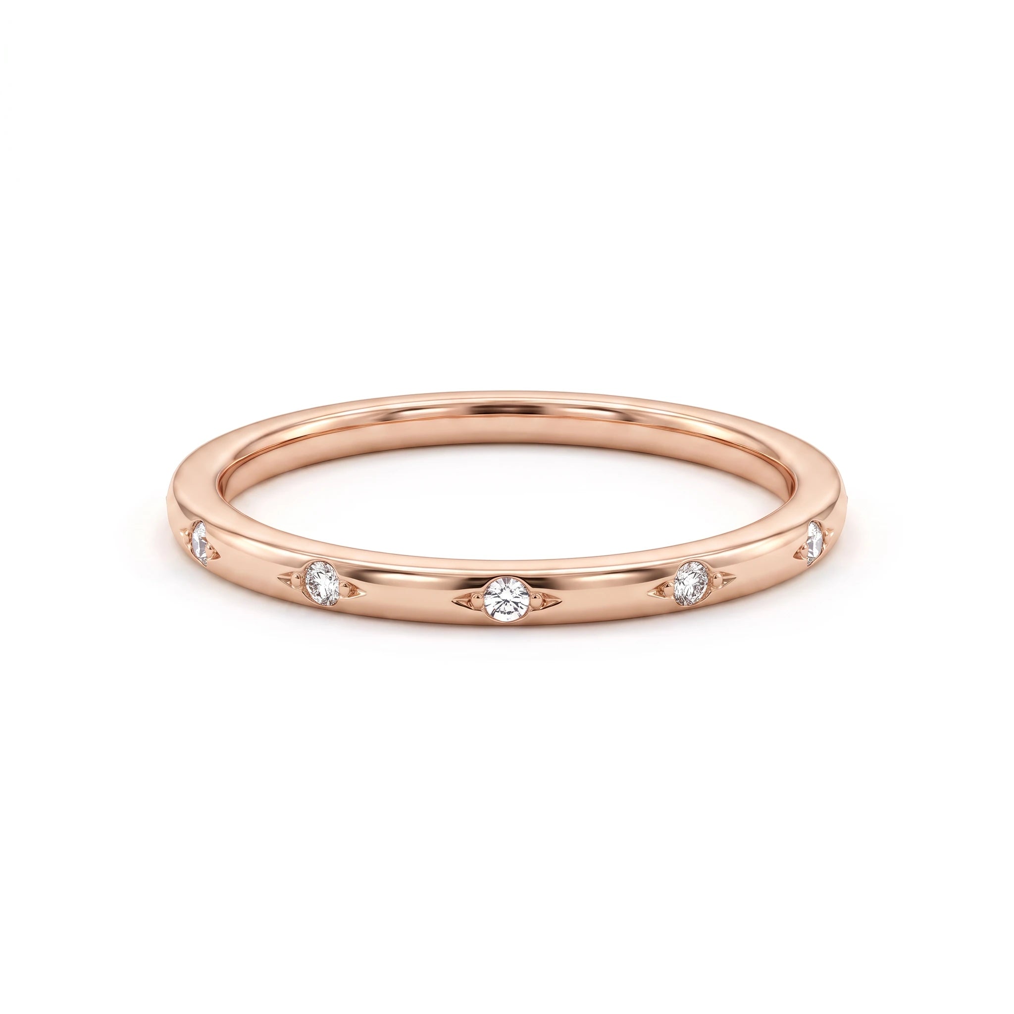1.5mm star-set Lab-Grown Diamond band in 14K rose gold, twelve flush-set diamonds, front view
