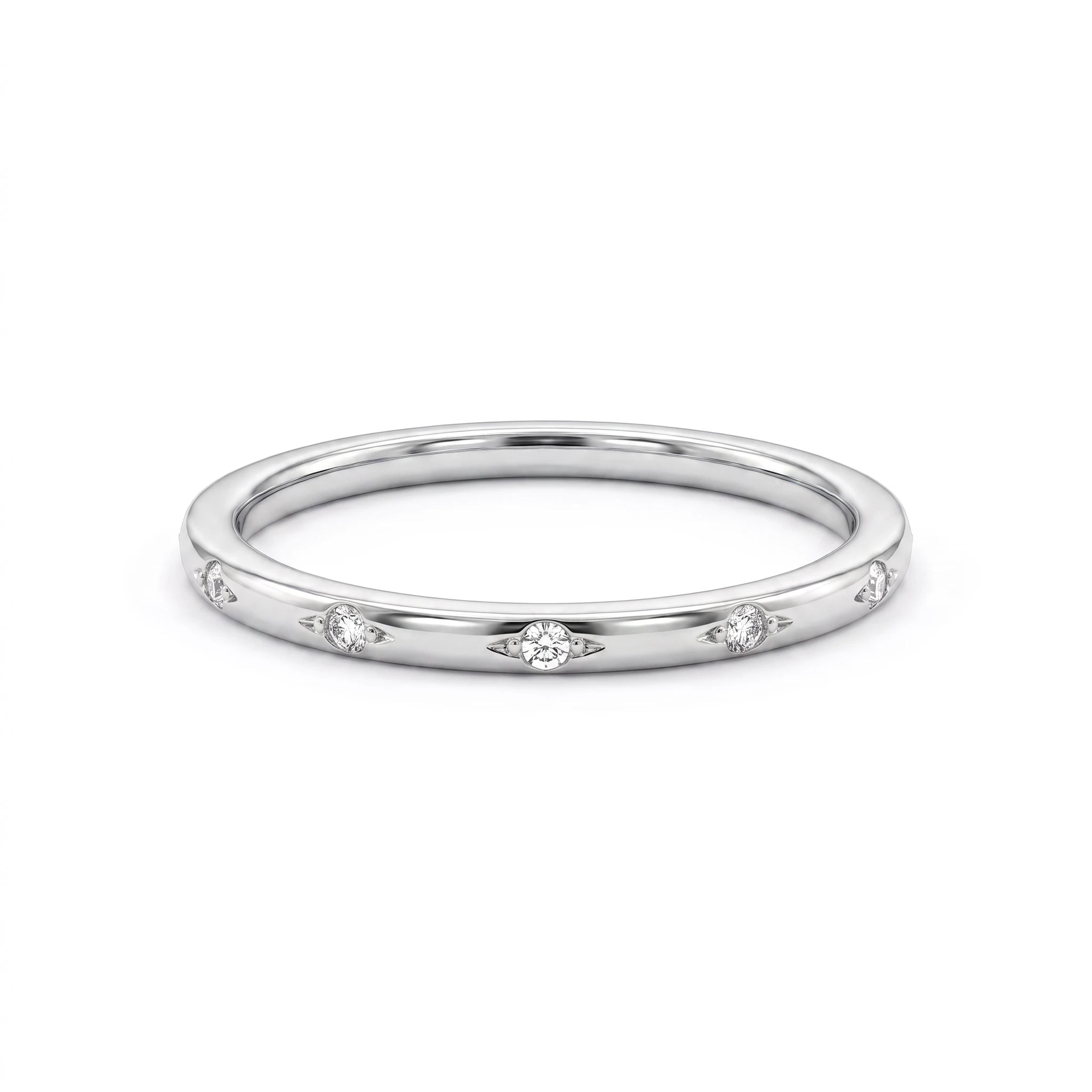 1.5mm star-set Lab-Grown Diamond band in 14K white gold, twelve flush-set diamonds, front view