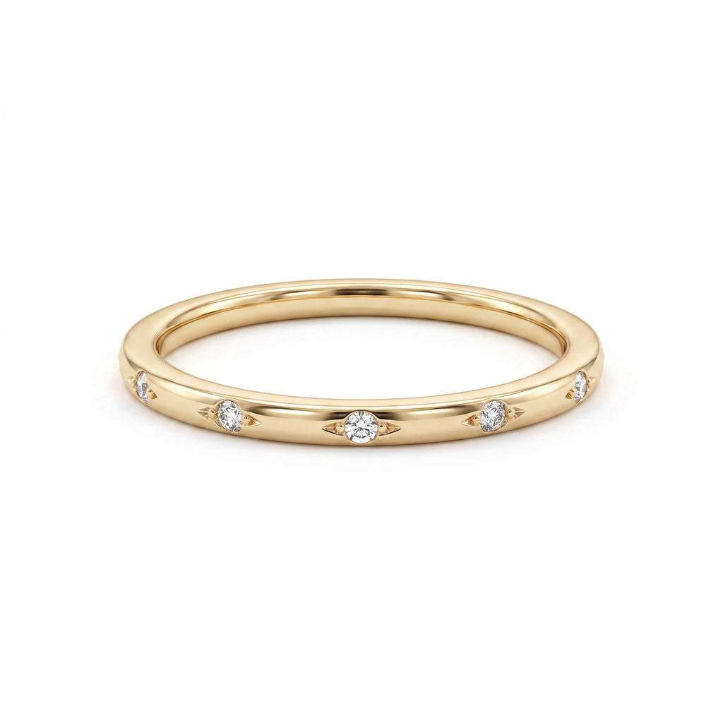 1.5mm star-set Lab-Grown Diamond band in 14K yellow gold, twelve flush-set diamonds, front view