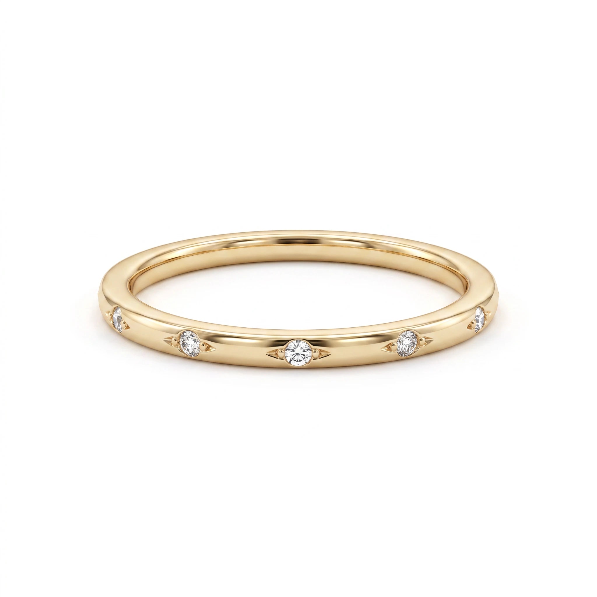 1.5mm star-set Lab-Grown Diamond band in 14K yellow gold, twelve flush-set diamonds, front view
