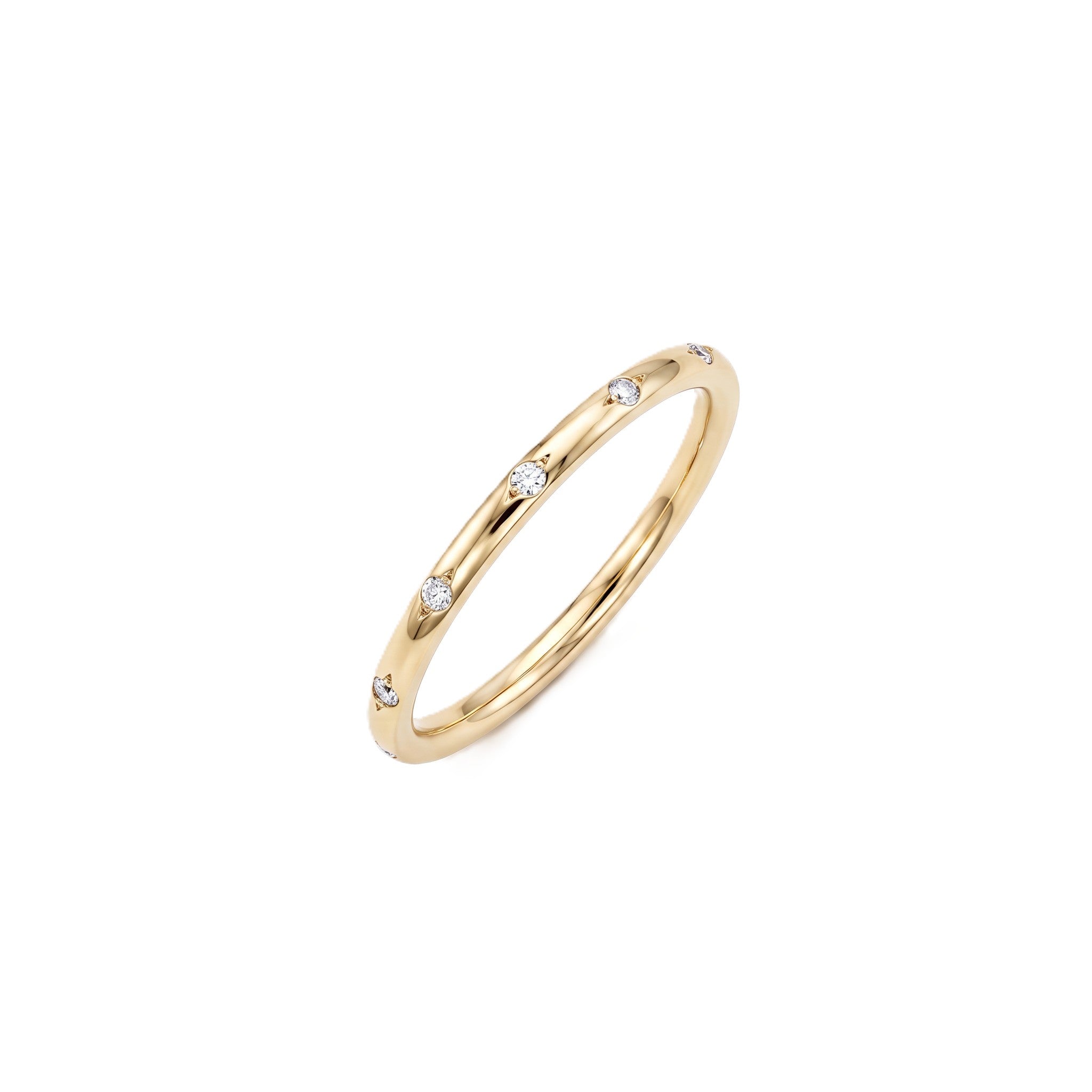 1.5mm star-set Lab-Grown Diamond band in 14K yellow gold styled four ways on the hand