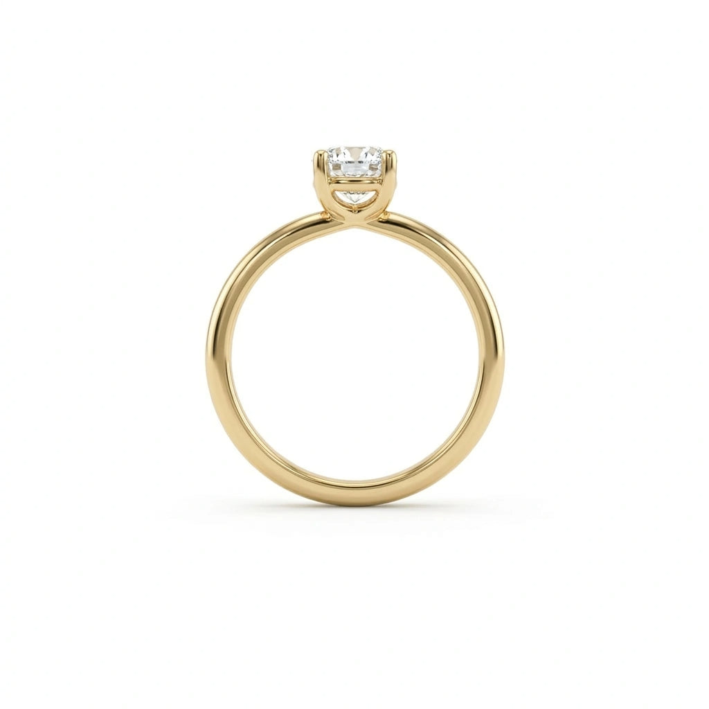 Side profile of 1 carat cushion cut lab grown diamond engagement ring in 14K yellow gold