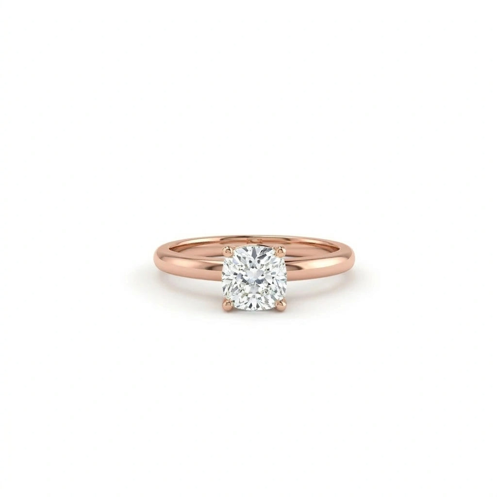 1 carat cushion cut lab grown diamond engagement ring in 14K rose gold front view