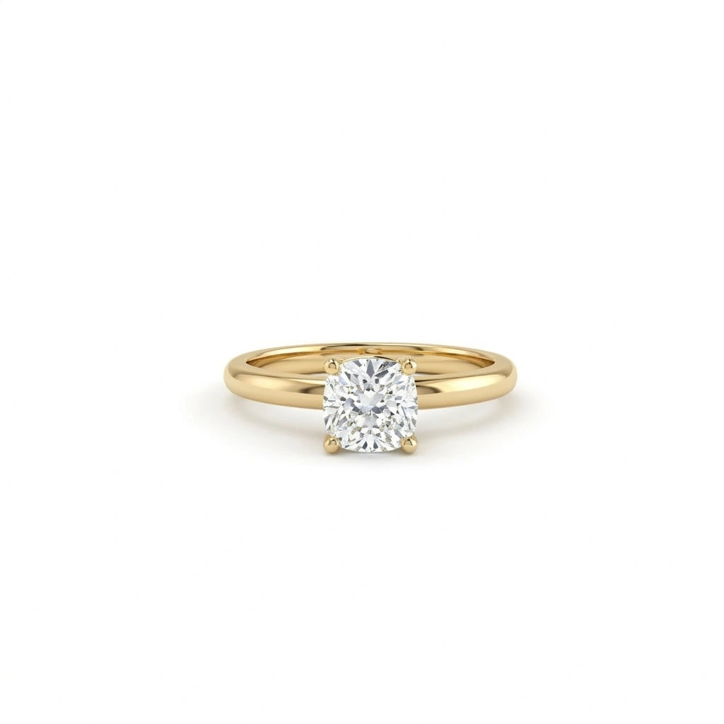 Front view of 1 carat cushion cut lab grown diamond engagement ring in 14K yellow gold
