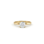 Front view of 1 carat cushion cut lab grown diamond engagement ring in 14K yellow gold