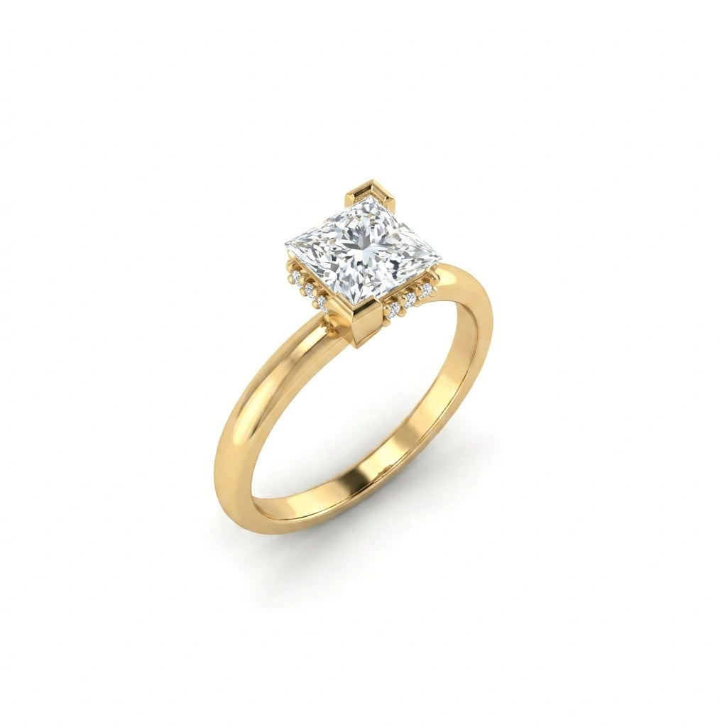 Angled view of 1 Carat Princess Cut Floating Hidden Halo Diamond Ring in 14K yellow gold