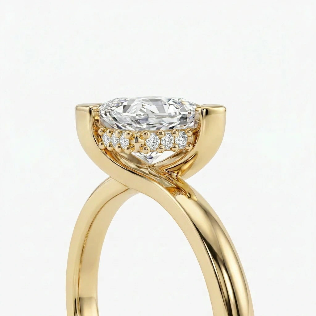 Close up side profile of 1 Carat Princess Cut Floating Hidden Halo Diamond Ring in 14K yellow gold