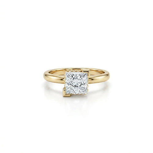 1 Carat Princess Cut Floating Hidden Halo Diamond Ring in 14K yellow gold front view with lab grown diamond