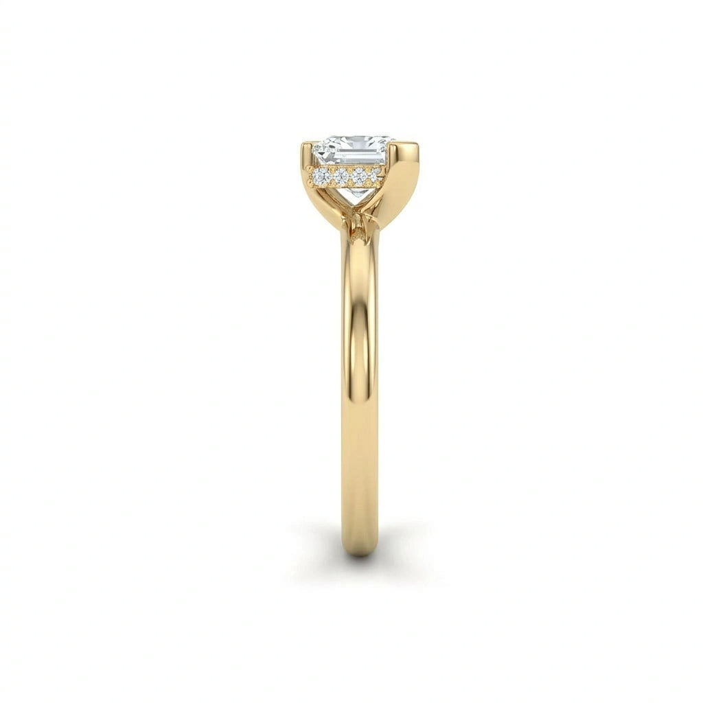 Side profile of 1 Carat Princess Cut Floating Hidden Halo Diamond Ring in 14K yellow gold solitaire setting
