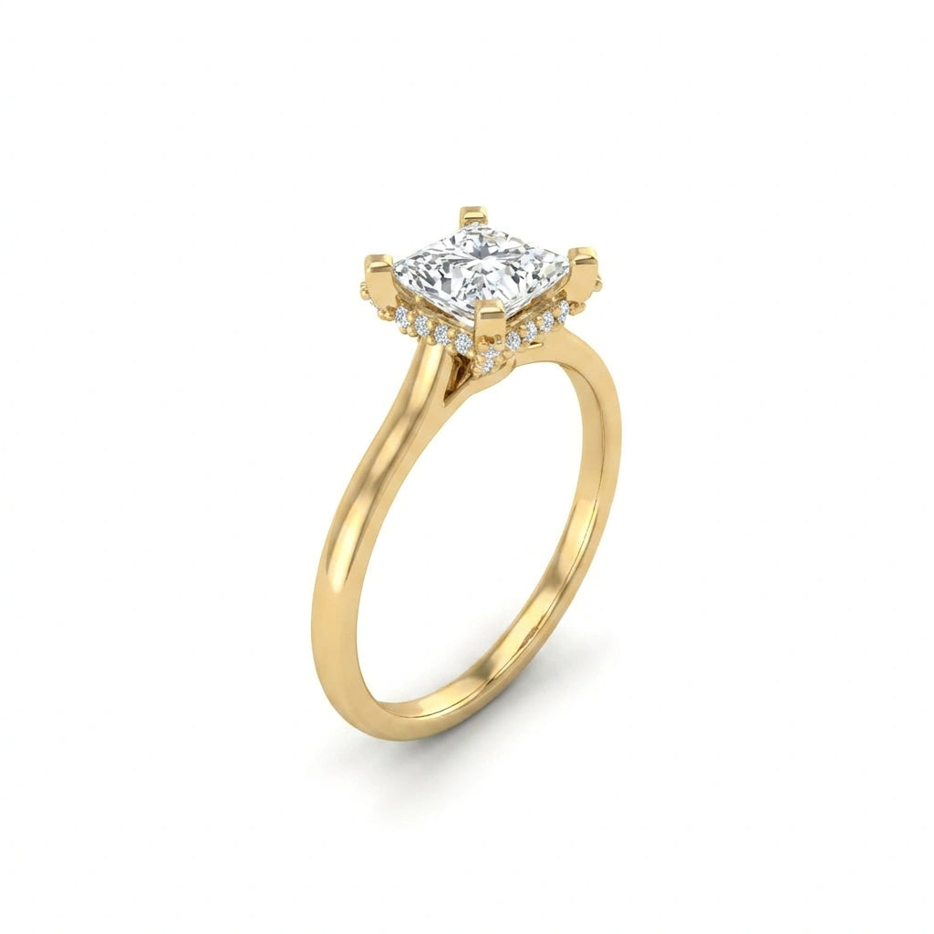 Angled view of 1 carat princess cut hidden halo lab grown diamond ring in 14K yellow gold