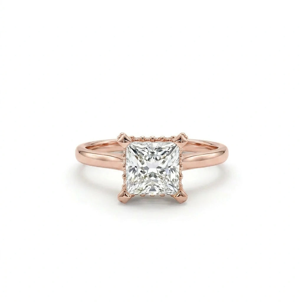 1 carat princess cut hidden halo lab grown diamond ring in 14K rose gold front view