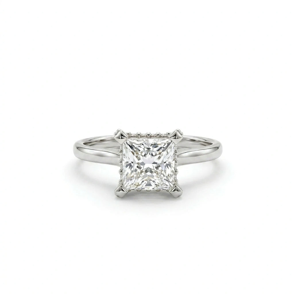 1 carat princess cut hidden halo lab grown diamond ring in 14K white gold front view