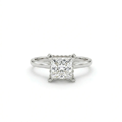 1 carat princess cut hidden halo lab grown diamond ring in 14K white gold front view