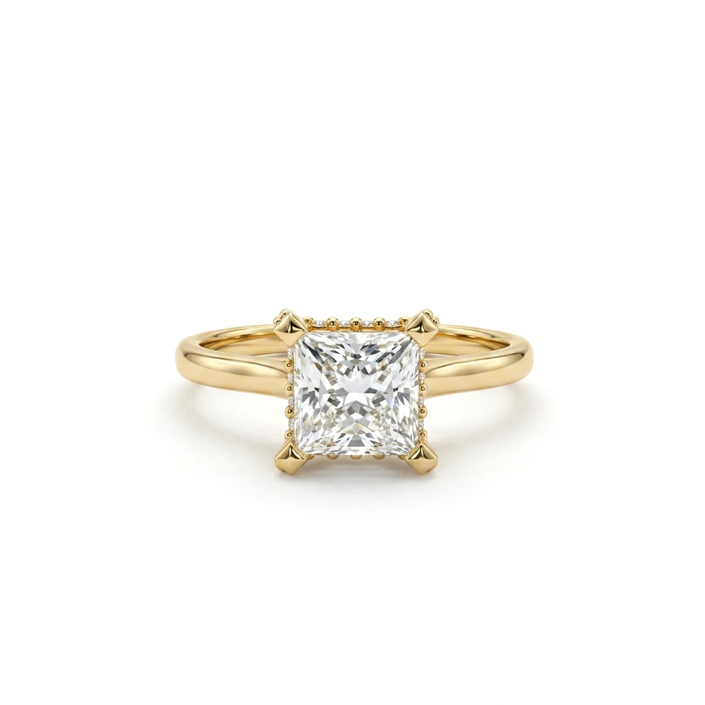 1 carat princess cut hidden halo lab grown diamond ring in 14K yellow gold front view