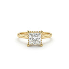 1 carat princess cut hidden halo lab grown diamond ring in 14K yellow gold front view
