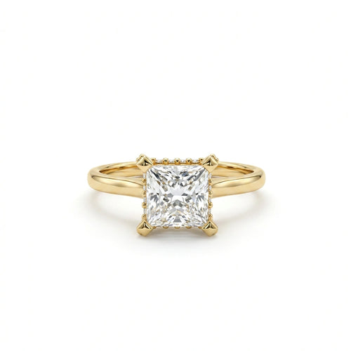 1 carat princess cut hidden halo lab grown diamond ring in 14K yellow gold front view