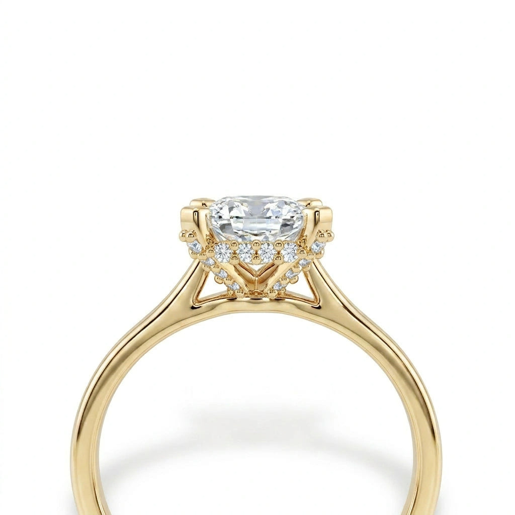 Side profile of 1 carat princess cut hidden halo lab grown diamond ring in 14K yellow gold