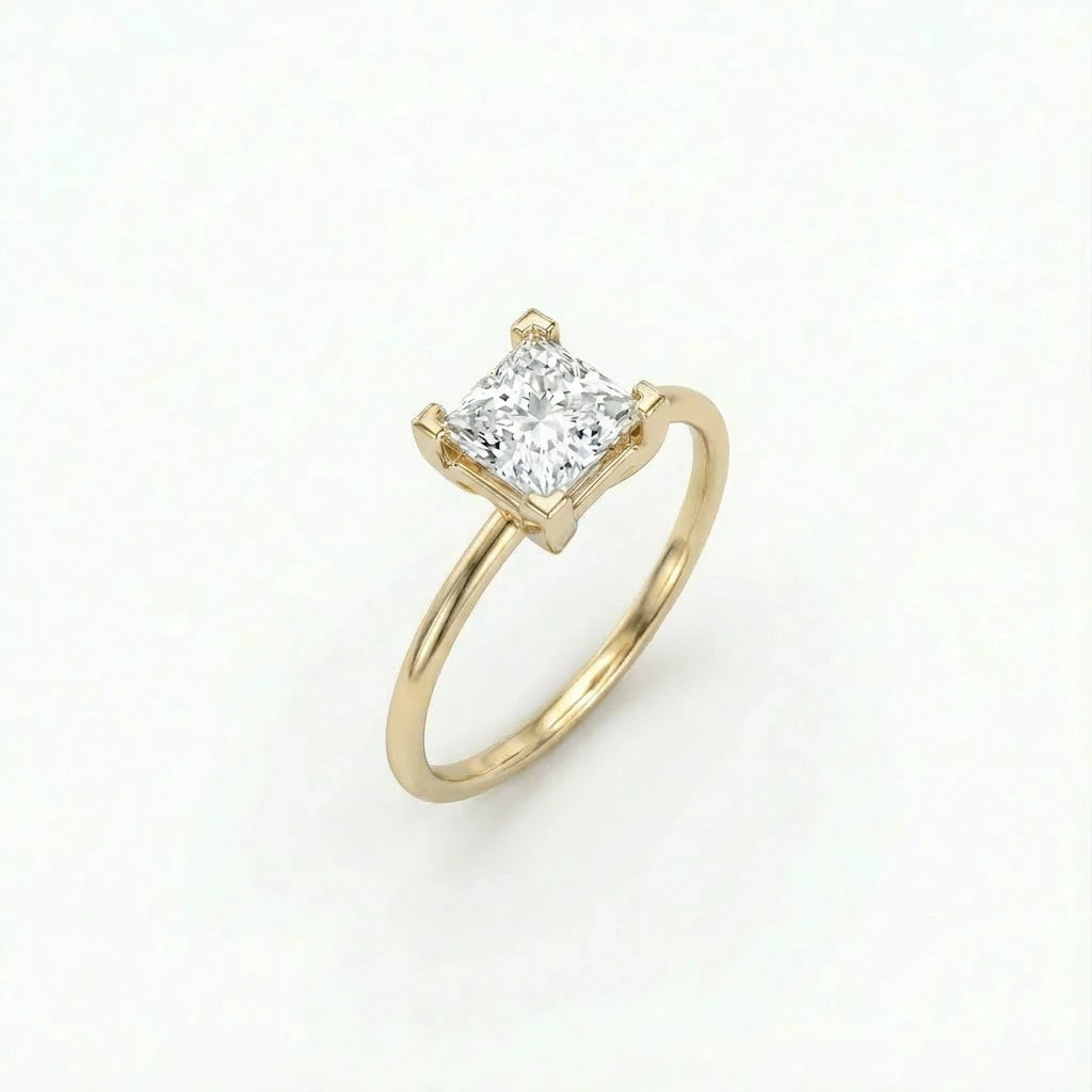 Angled view of 1 carat princess cut lab grown diamond engagement ring in 14K yellow gold