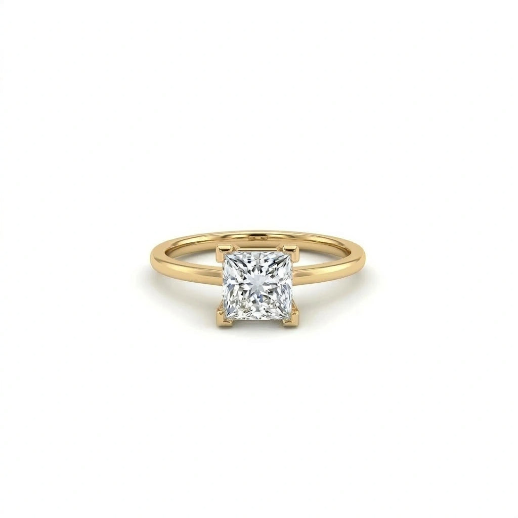 Front view of 1 carat princess cut lab grown diamond engagement ring in 14K yellow gold