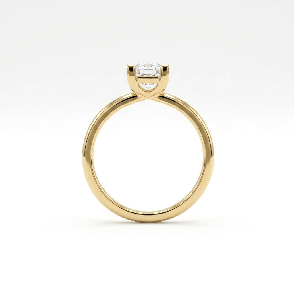 Side profile of 1 carat princess cut lab grown diamond engagement ring in 14K yellow gold